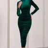 Joanna | Bottle Green Velvet High-Neck Backless Midi Dress
