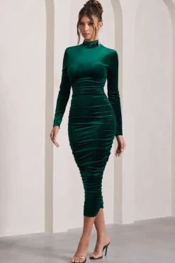 Joanna | Bottle Green Velvet High-Neck Backless Midi Dress