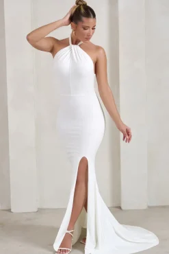 Jodie | White Halterneck Fishtail Maxi Dress With Split