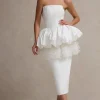 Jones | White Strapless Midi Dress With Tulle Peplum Waist