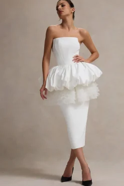 Jones | White Strapless Midi Dress With Tulle Peplum Waist