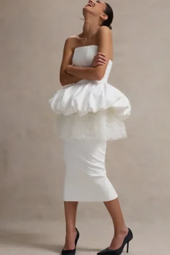 Jones | White Strapless Midi Dress With Tulle Peplum Waist