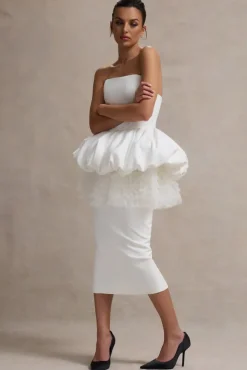 Jones | White Strapless Midi Dress With Tulle Peplum Waist