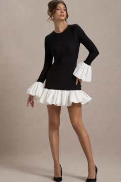 Josefina | Black Long-Sleeve Mini Dress With White Satin Trims
