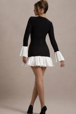 Josefina | Black Long-Sleeve Mini Dress With White Satin Trims