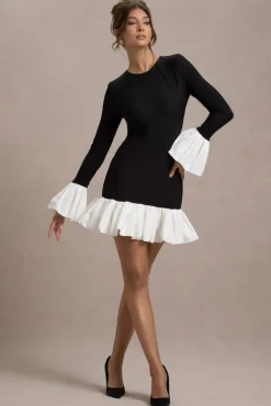 Josefina | Black Long-Sleeve Mini Dress With White Satin Trims