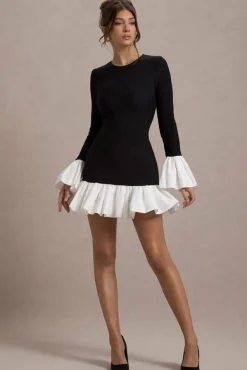 Josefina | Black Long-Sleeve Mini Dress With White Satin Trims