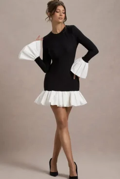 Josefina | Black Long-Sleeve Mini Dress With White Satin Trims