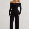 Jules | Black Bardot Long-Sleeve Straight-Leg Jumpsuit