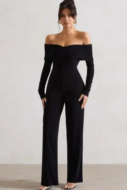 Jules | Black Bardot Long-Sleeve Straight-Leg Jumpsuit