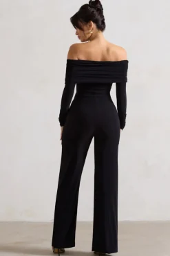 Jules | Black Bardot Long-Sleeve Straight-Leg Jumpsuit