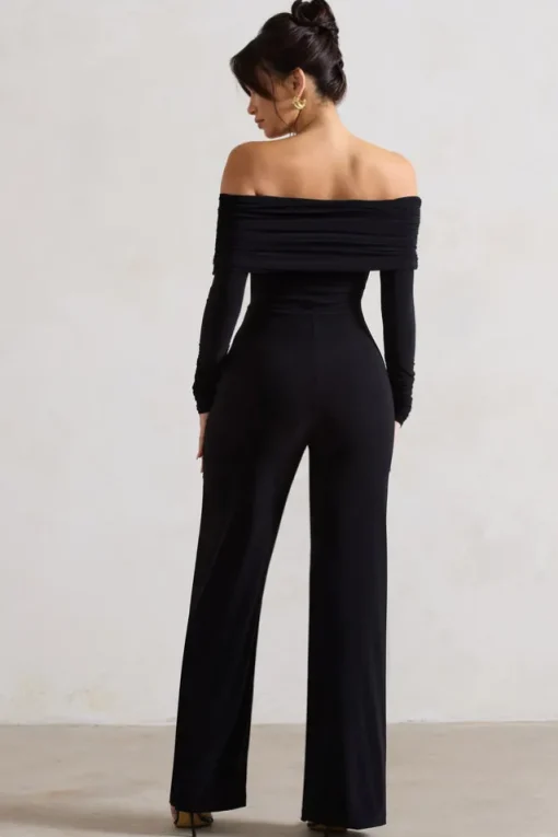 Jules | Black Bardot Long-Sleeve Straight-Leg Jumpsuit