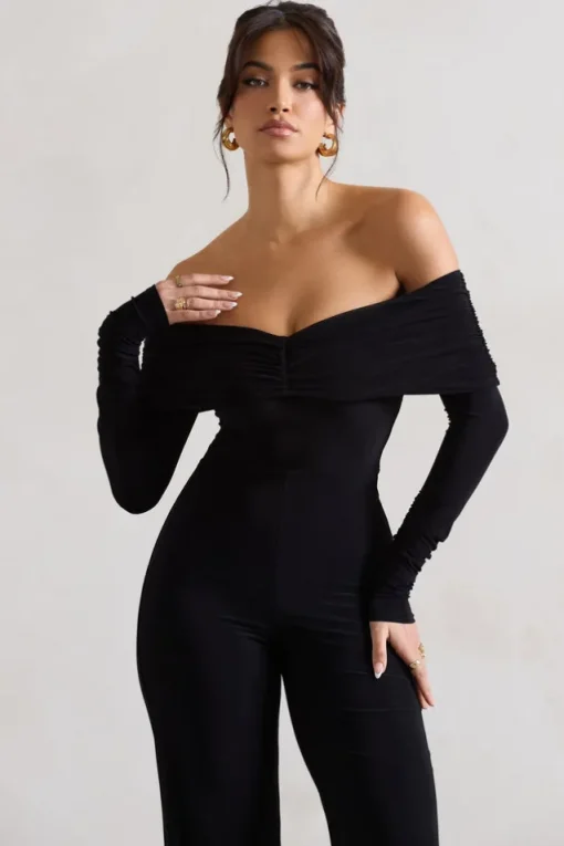 Jules | Black Bardot Long-Sleeve Straight-Leg Jumpsuit
