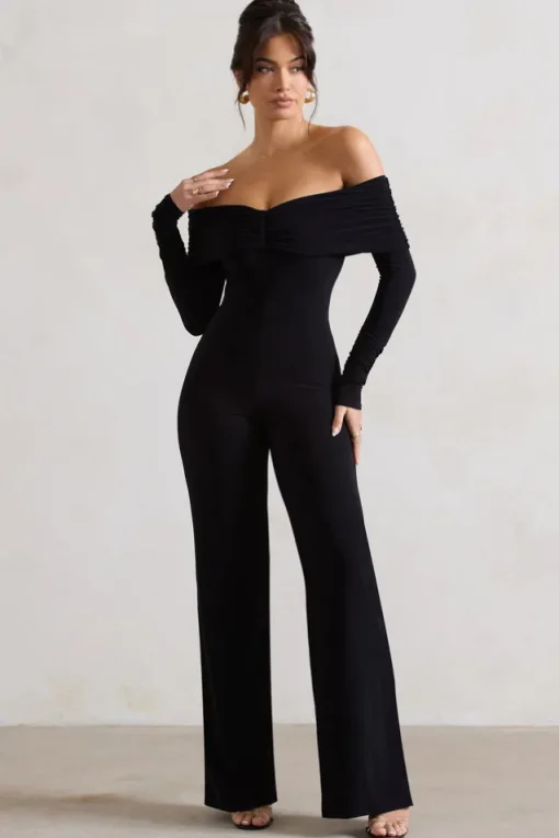 Jules | Black Bardot Long-Sleeve Straight-Leg Jumpsuit