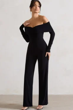 Jules | Black Bardot Long-Sleeve Straight-Leg Jumpsuit