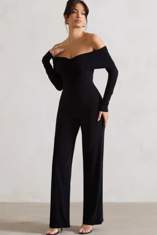 Jules | Black Bardot Long-Sleeve Straight-Leg Jumpsuit