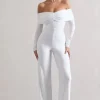 Jules | White Bardot Long-Sleeve Straight-Leg Jumpsuit