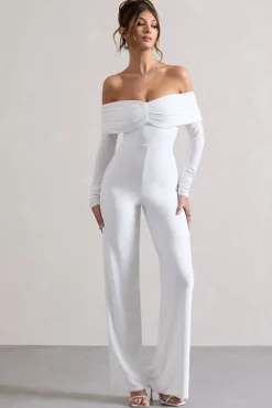 Jules | White Bardot Long-Sleeve Straight-Leg Jumpsuit