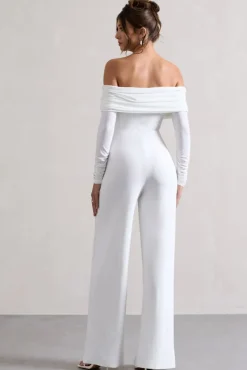 Jules | White Bardot Long-Sleeve Straight-Leg Jumpsuit