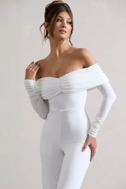 Jules | White Bardot Long-Sleeve Straight-Leg Jumpsuit