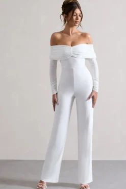 Jules | White Bardot Long-Sleeve Straight-Leg Jumpsuit