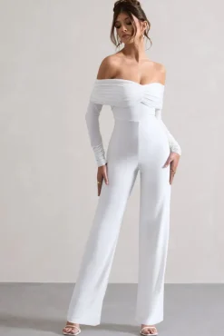 Jules | White Bardot Long-Sleeve Straight-Leg Jumpsuit