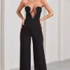 Julia | Black Extreme Plunge Cut Out Wide Leg Jumpsuit