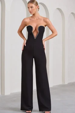 Julia | Black Extreme Plunge Cut Out Wide Leg Jumpsuit