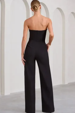 Julia | Black Extreme Plunge Cut Out Wide Leg Jumpsuit
