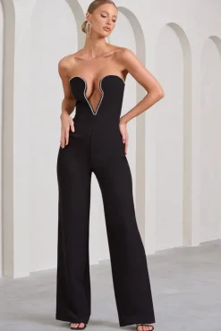Julia | Black Extreme Plunge Cut Out Wide Leg Jumpsuit