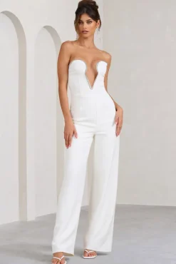 Julia | White Extreme Plunge Cut Out Wide Leg Jumpsuit