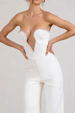 Julia | White Extreme Plunge Cut Out Wide Leg Jumpsuit