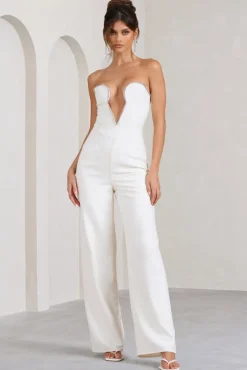 Julia | White Extreme Plunge Cut Out Wide Leg Jumpsuit
