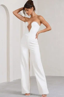 Julia | White Extreme Plunge Cut Out Wide Leg Jumpsuit