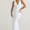 Julianna | White Plunge-Neck Ruched Maxi Dress With Corsage