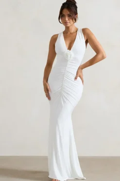 Julianna | White Plunge-Neck Ruched Maxi Dress With Corsage