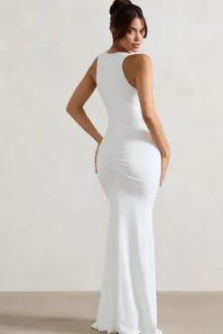 Julianna | White Plunge-Neck Ruched Maxi Dress With Corsage