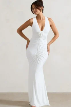 Julianna | White Plunge-Neck Ruched Maxi Dress With Corsage