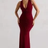 Julianna | Wine Plunge-Neck Ruched Maxi Dress With Corsage