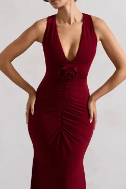 Julianna | Wine Plunge-Neck Ruched Maxi Dress With Corsage