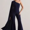Julie | Navy Asymmetric Flared-Leg Jumpsuit With Cape Sleeve