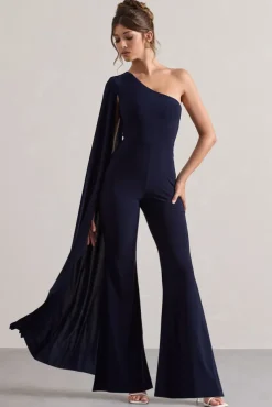 Julie | Navy Asymmetric Flared-Leg Jumpsuit With Cape Sleeve