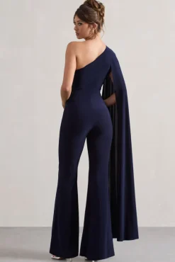 Julie | Navy Asymmetric Flared-Leg Jumpsuit With Cape Sleeve