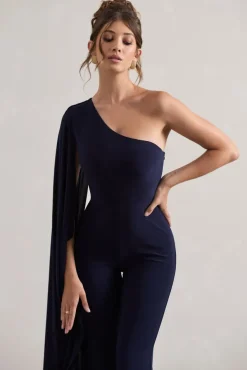 Julie | Navy Asymmetric Flared-Leg Jumpsuit With Cape Sleeve
