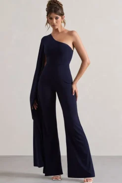 Julie | Navy Asymmetric Flared-Leg Jumpsuit With Cape Sleeve