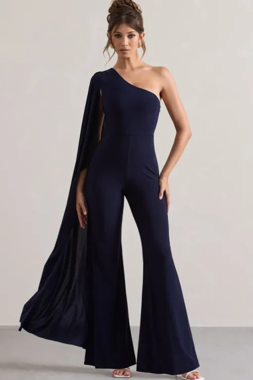 Julie | Navy Asymmetric Flared-Leg Jumpsuit With Cape Sleeve