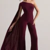 Julie | Plum Asymmetric Flared-Leg Jumpsuit With Cape Sleeve