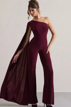Julie | Plum Asymmetric Flared-Leg Jumpsuit With Cape Sleeve