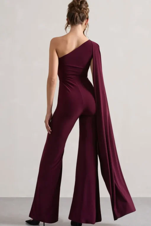 Julie | Plum Asymmetric Flared-Leg Jumpsuit With Cape Sleeve