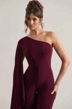Julie | Plum Asymmetric Flared-Leg Jumpsuit With Cape Sleeve